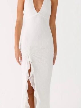 Peppermayo White Halter Ruffle-Trim Maxi Dress